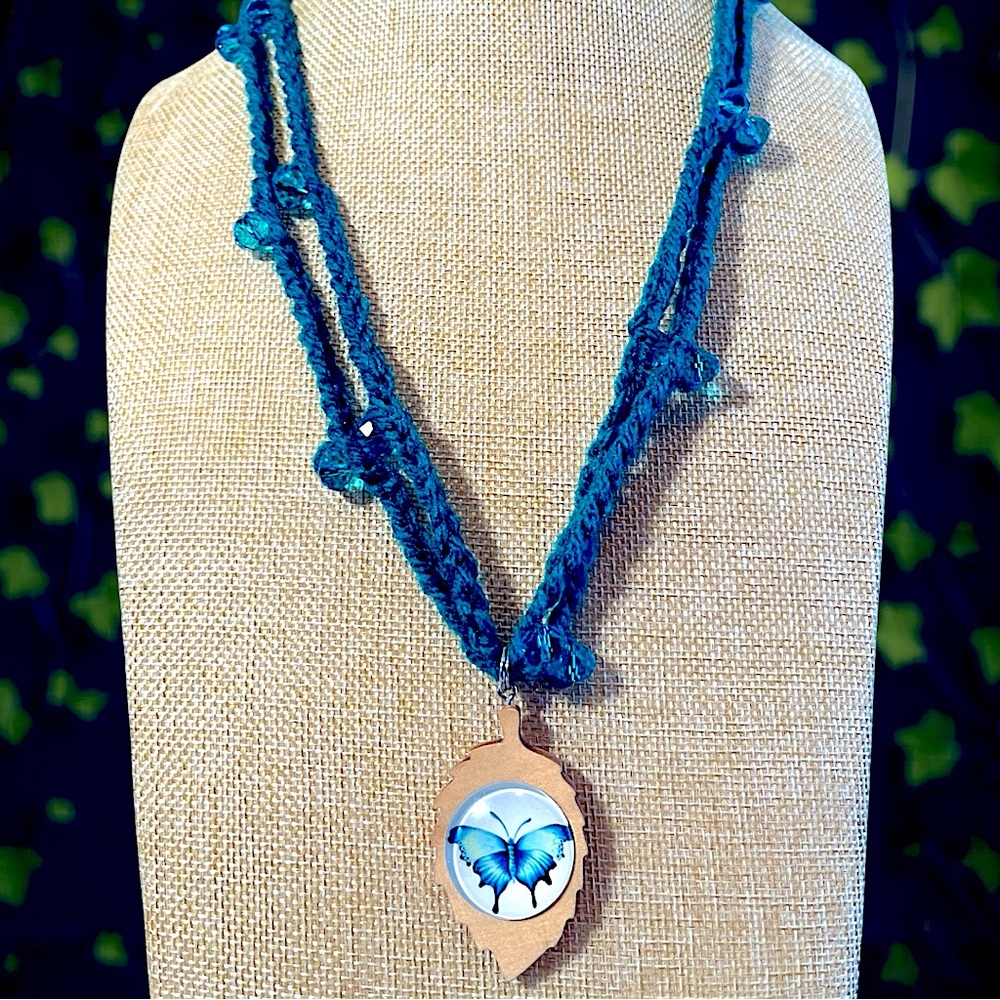 Handmade Crochet Beaded Butterfly Pendant Necklace Cottagecore